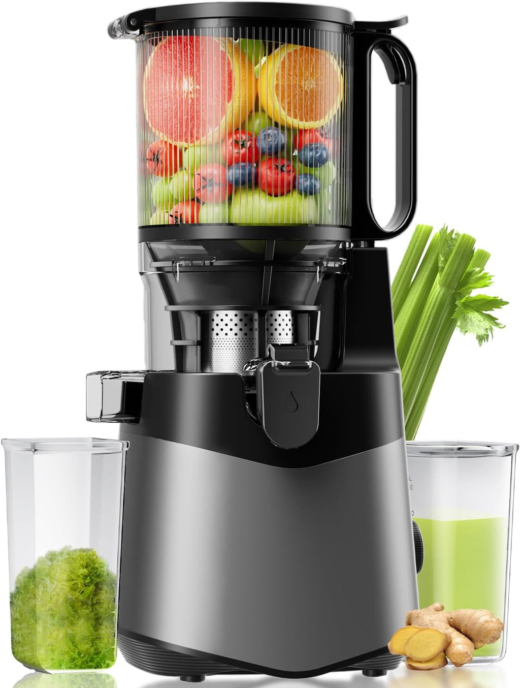 Cold Press Juicer, 5.8" Wide Feed Chute, 400W Slow Masticating Juicer Extractor Supports High Juice Yield, Whole Vegetables & Fruits, Dark Grey