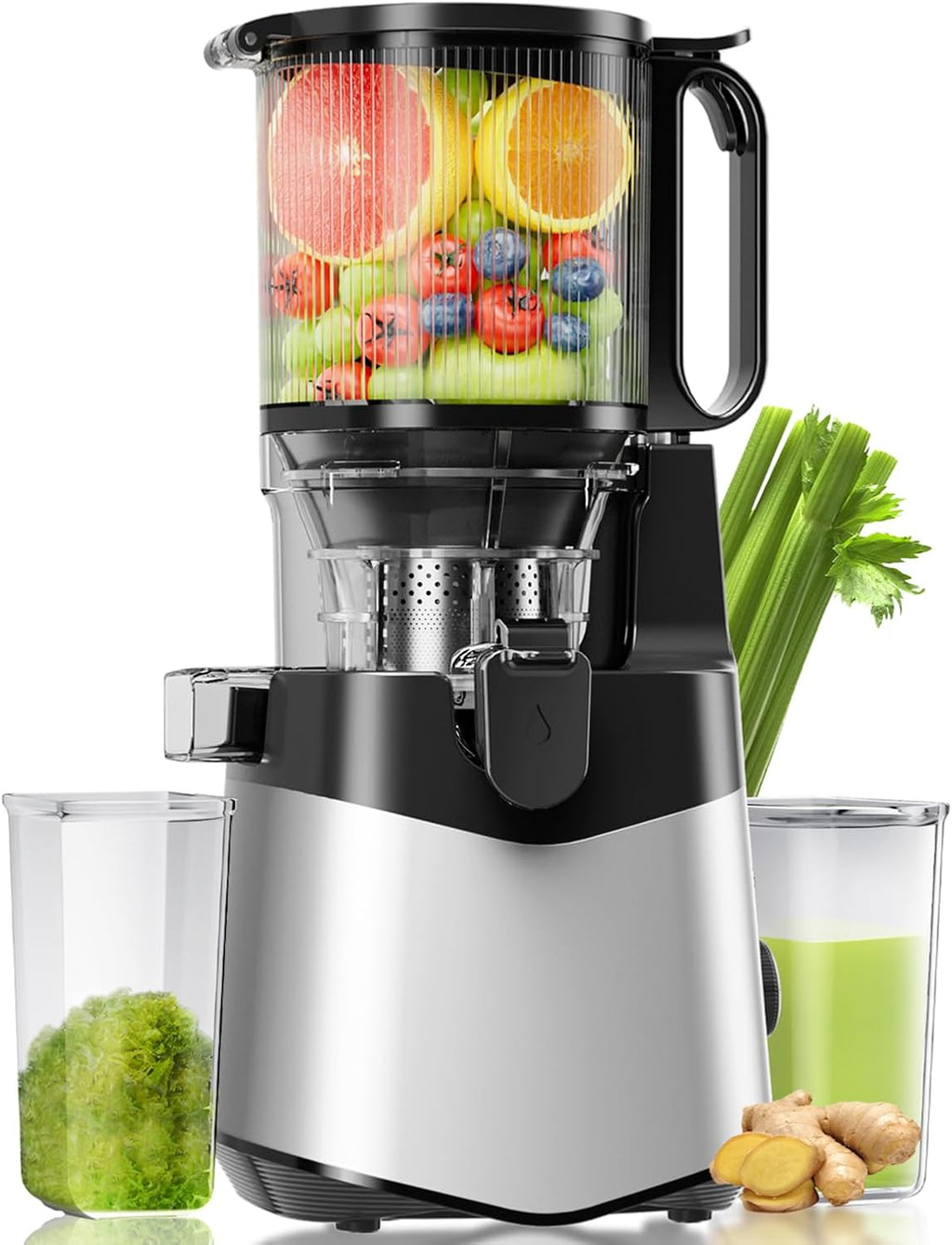 Cold Press Juicer, 5.8" Wide Feed Chute, With 400W Slow Masticating Juicer, Designed For High Juice Yield From Whole Fruits & Vegetables, Easy to Clean, Silver Gray