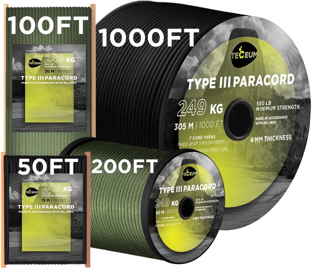 5/32" Paracord Rope 1000 – 1000ft / 200ft / 100ft / 50ft – Tactical Parachute Cord 4mm – 45+ Colors – Nylon String for Survival & Camping Gear – Stripe Cord for Survival – Utility Rope