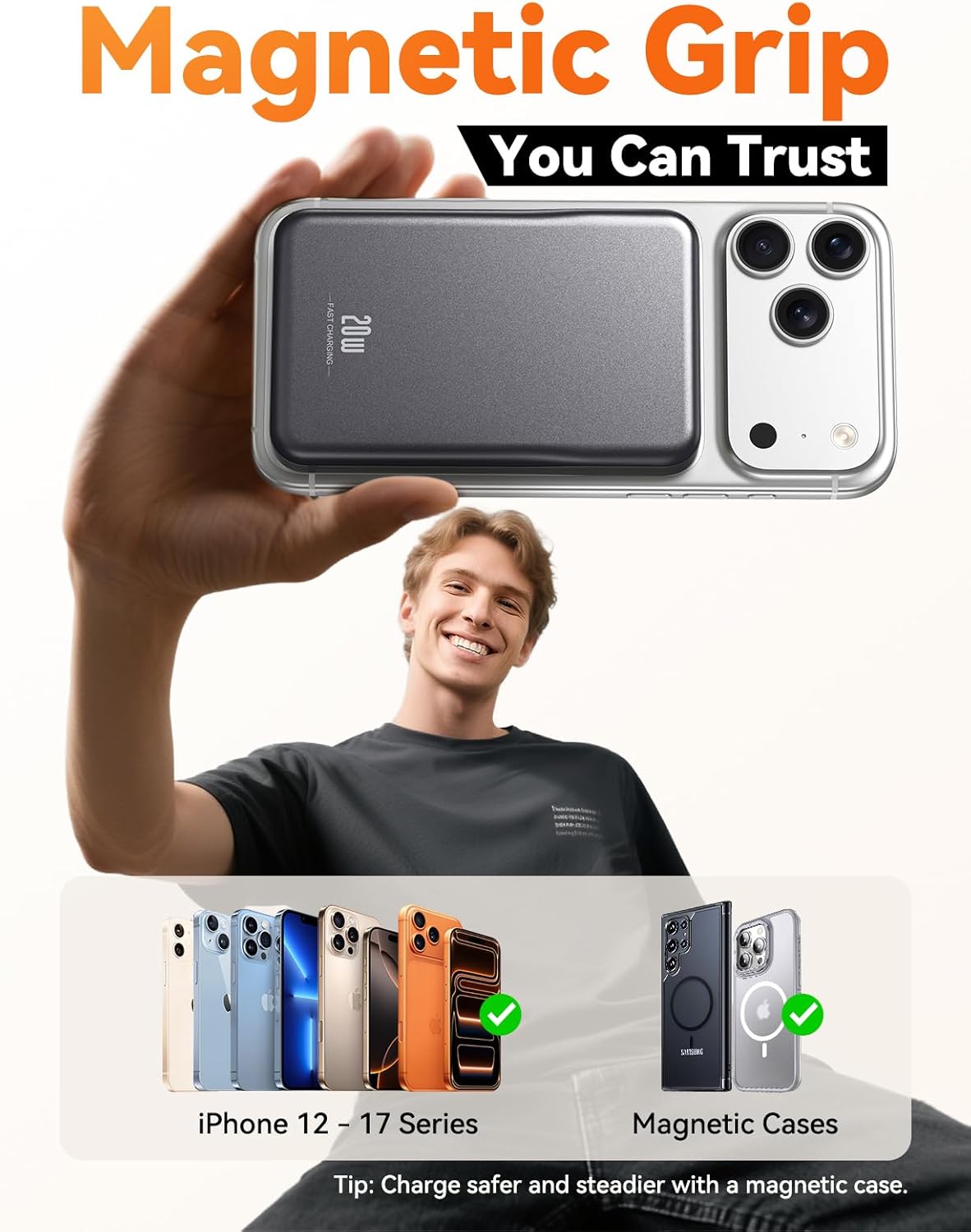 Magsafe Battery Pack, 5000mAh Magnetic Power Bank with Type-C Cable 20W PD Fast Charging Lighting Input Wireless Portable Charger for iPhone 17/16/15/14/13/12/ All Series