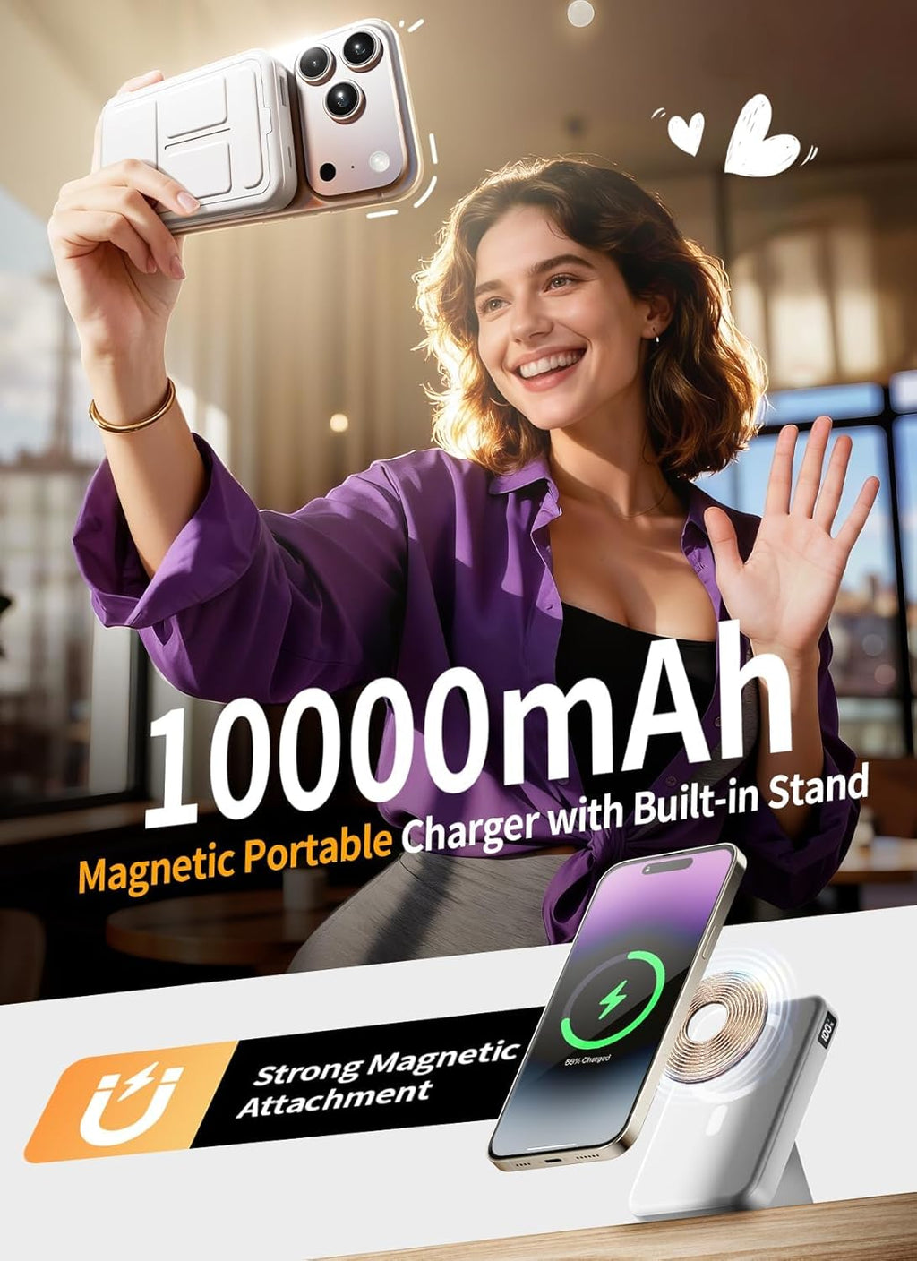 Magnetic Portable Charger, 10000mAh Power Bank with Leather Foldable Stand - Travel Essentials, USB-C 20W Fast Charging for Magsafe Battery Pack, Compatible with iPhone 17/16/15/14/13 Series