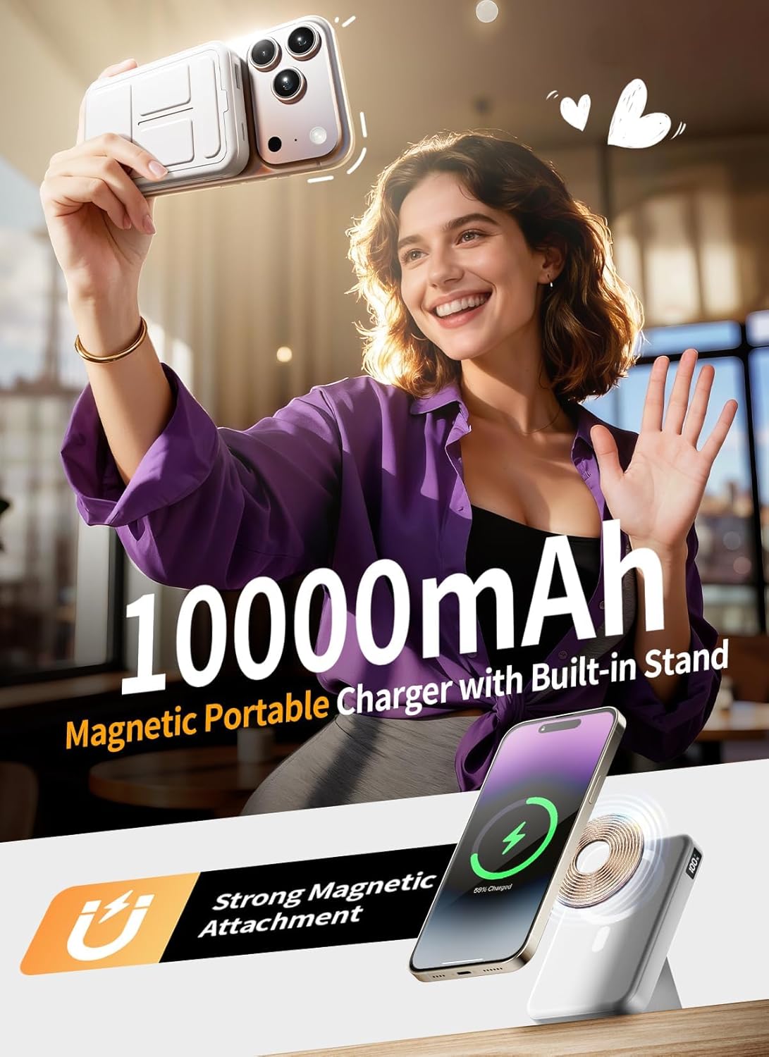 Magnetic Portable Charger, 10000mAh Power Bank with Leather Foldable Stand - Travel Essentials, USB-C 20W Fast Charging for Magsafe Battery Pack, Compatible with iPhone 17/16/15/14/13 Series