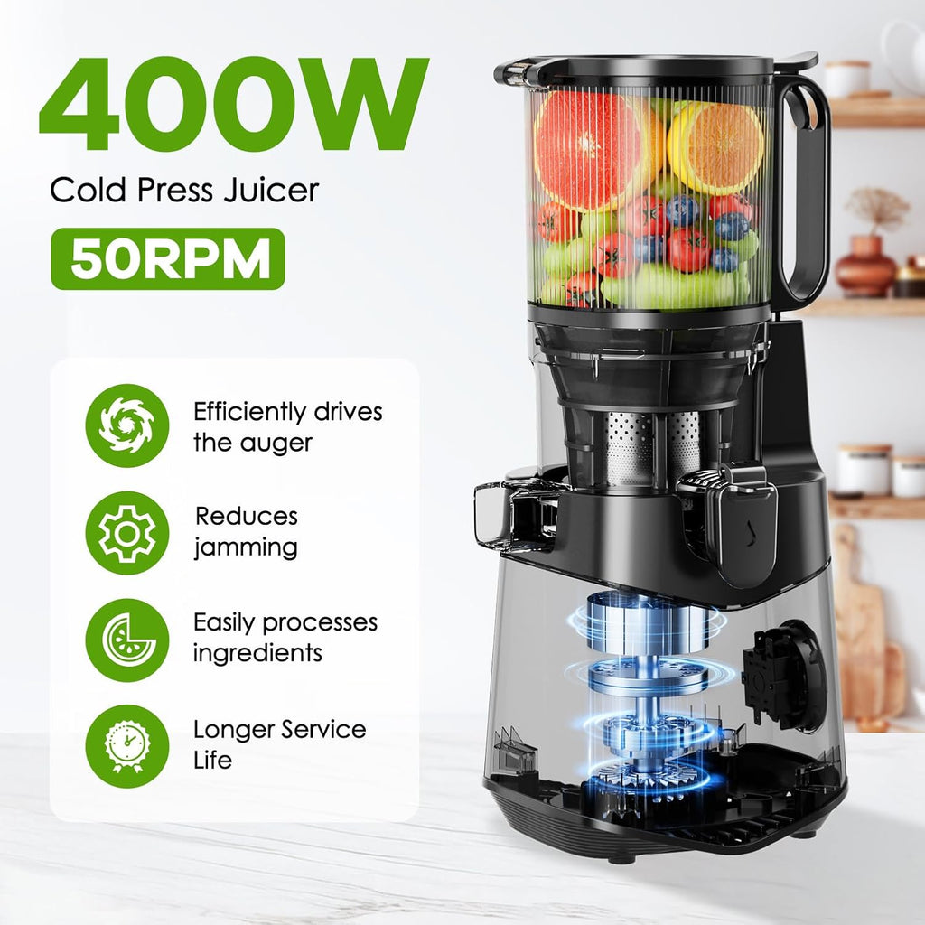 Cold Press Juicer, 5.8" Wide Feed Chute, 400W Slow Masticating Juicer Extractor Supports High Juice Yield, Whole Vegetables & Fruits, Dark Grey