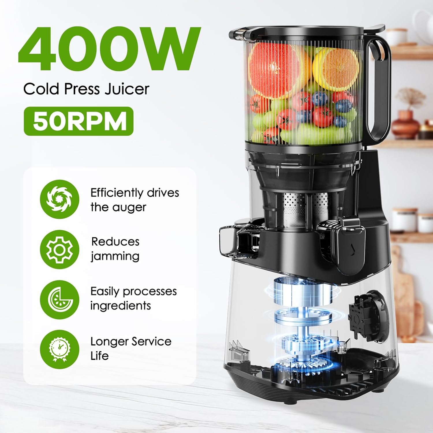 Cold Press Juicer, 5.8" Wide Feed Chute, With 400W Slow Masticating Juicer, Designed For High Juice Yield From Whole Fruits & Vegetables, Easy to Clean, Silver Gray