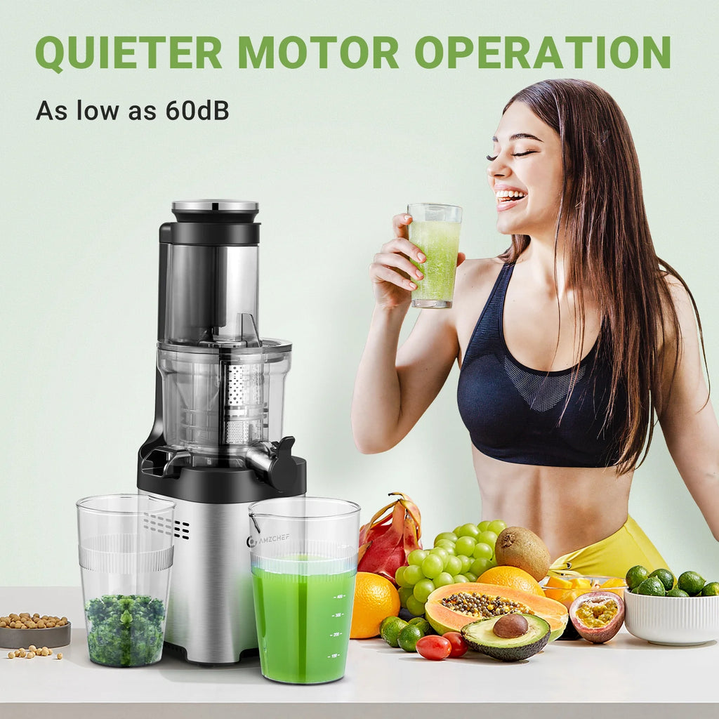 Cold Press Juicer, 5.2" Juicer Machines with Large Feed Chute for Whole Fruits & Vegetables, Stainless Steel Juice Extractor with Large Auger