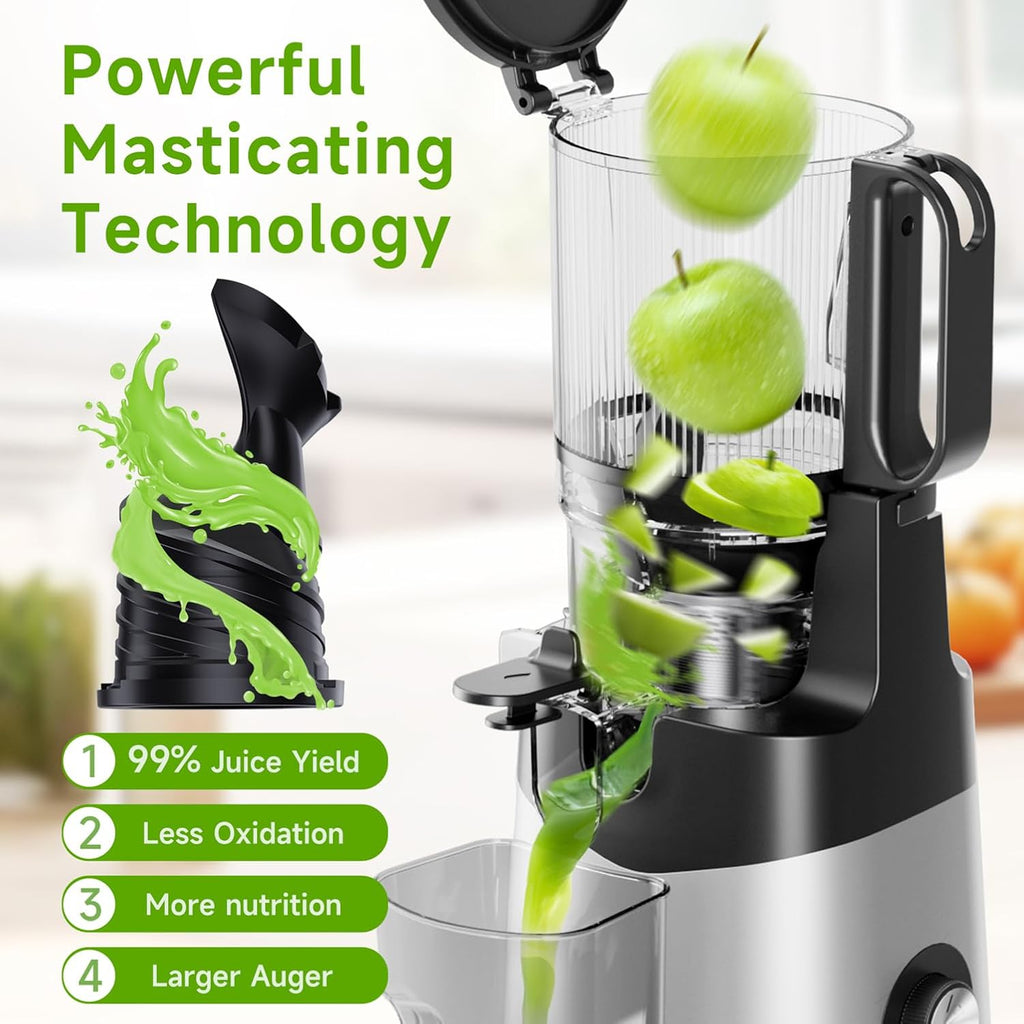 Cold Press Juicer, 5.8" Wide Feed Chute, With 400W Slow Masticating Juicer, Designed For High Juice Yield From Whole Fruits & Vegetables, Easy to Clean, Silver Gray