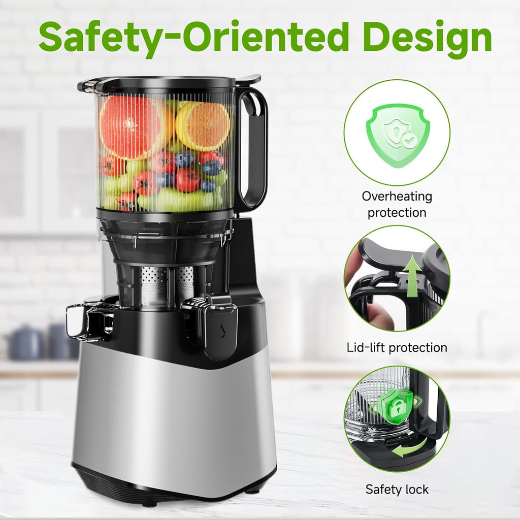 Cold Press Juicer, 5.8" Wide Feed Chute, With 400W Slow Masticating Juicer, Designed For High Juice Yield From Whole Fruits & Vegetables, Easy to Clean, Silver Gray