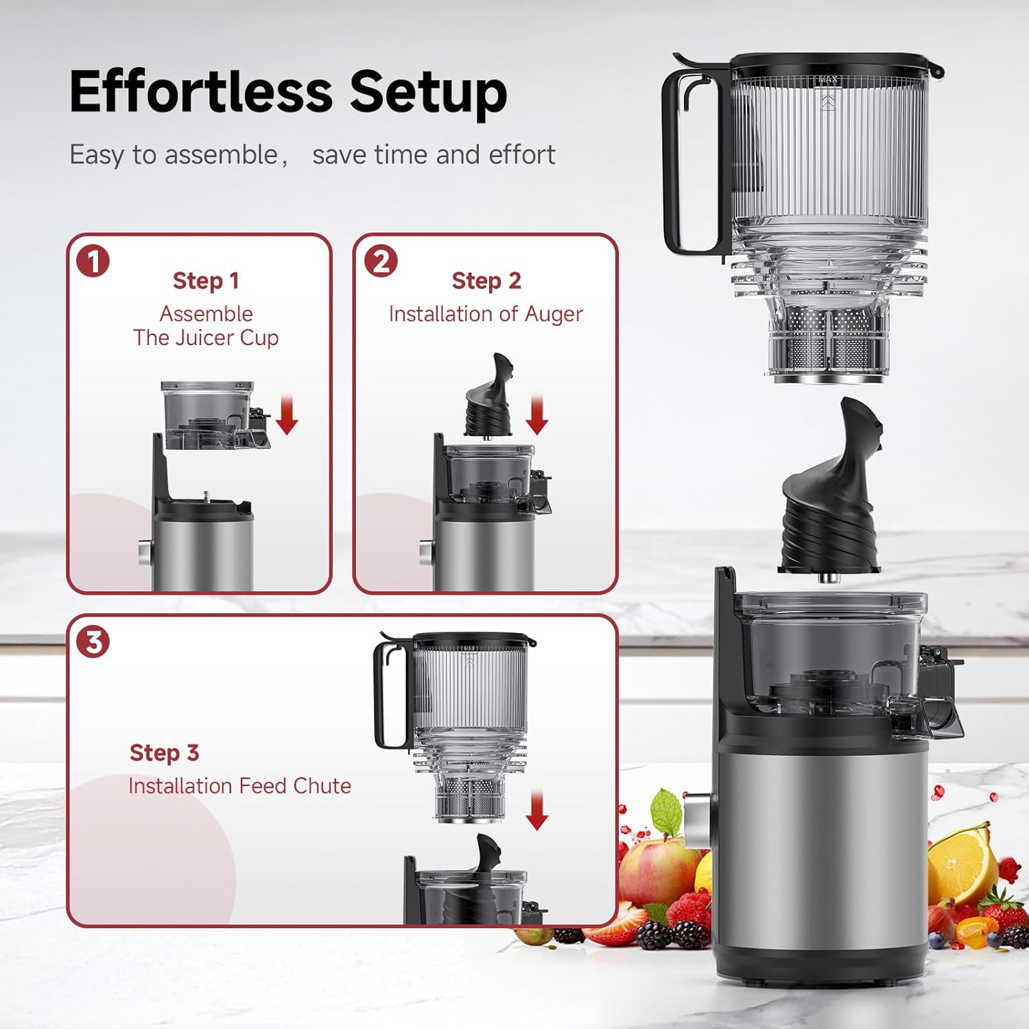 Cold Press Juicer, 5.8" Wide Feed Chute Juice Extractor Machine with 400W, High Juice Yield, Slow Masticating Juicer for Whole Vegetables & Fruits，Black Gray