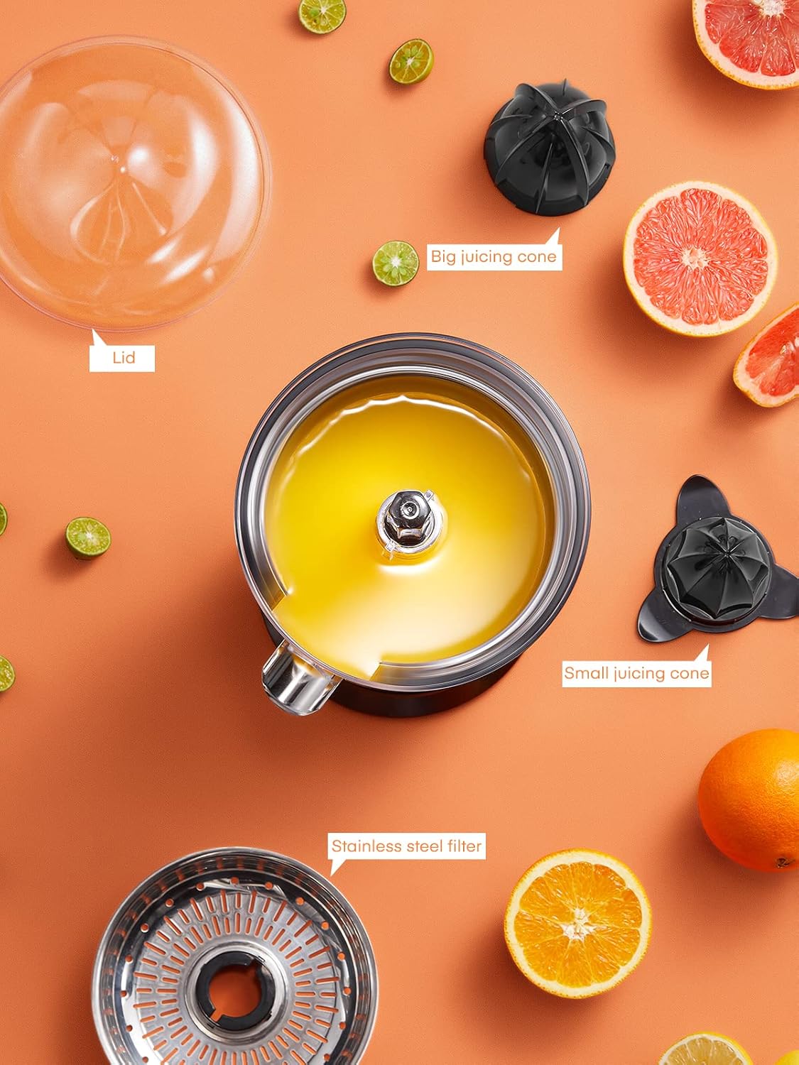 FOHERE Orange Juicer Squeezer Electric Citrus Juicer with Two Interchangeable Cones Suitable for orange, lemon and Grapefruit, Brushed Stainless Steel