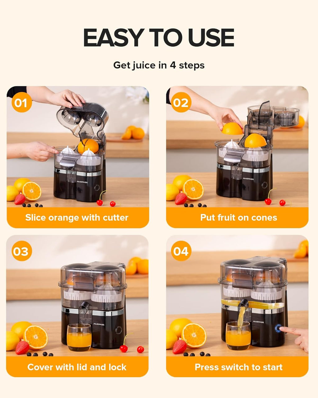 Dual-Head Electric Citrus Juicer, Lemon Squeezer with Power Cord and Cleaning Brush, 1-Button Automatic Juicer Machine for Orange, Lemon, Lime, Easy to Clean & Use, Built-in Cutter(Black)