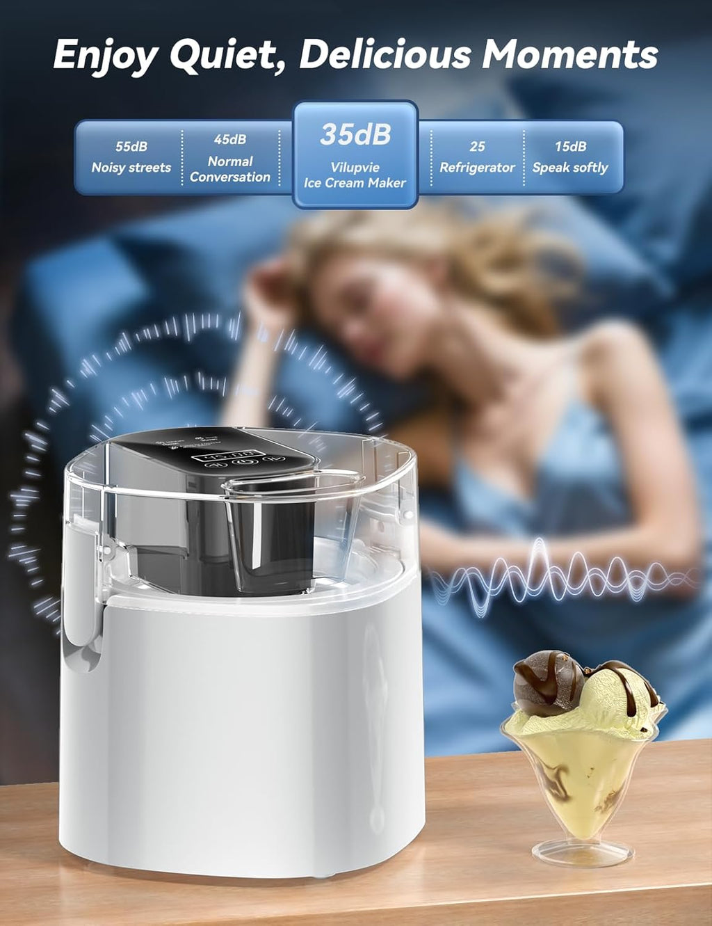 Ice Cream Maker, 1.5-Qt Ice Cream Machine and Frozen Yogurt Machine, 1.5-Qt Insulated Freezer Bowl, LCD Screen and Timer, Quick Results, Easy to Operate and Clean
