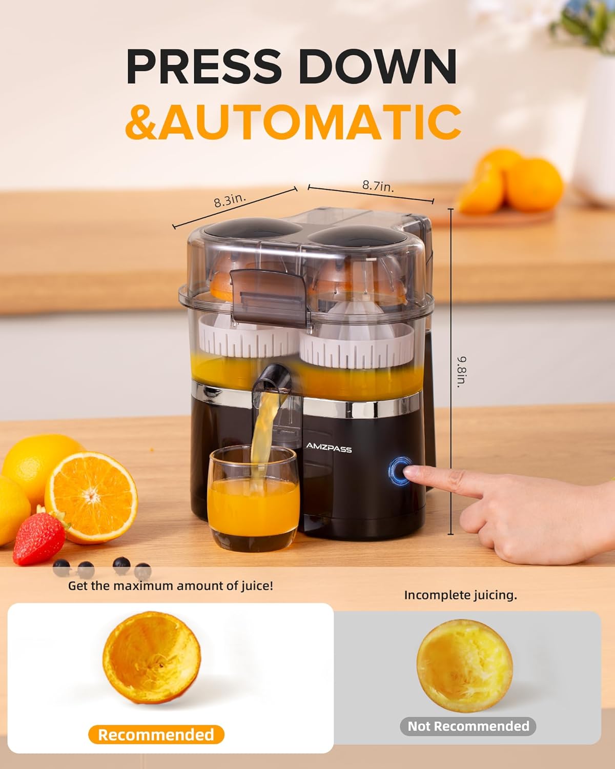 Dual-Head Electric Citrus Juicer, Lemon Squeezer with Power Cord and Cleaning Brush, 1-Button Automatic Juicer Machine for Orange, Lemon, Lime, Easy to Clean & Use, Built-in Cutter(Black)