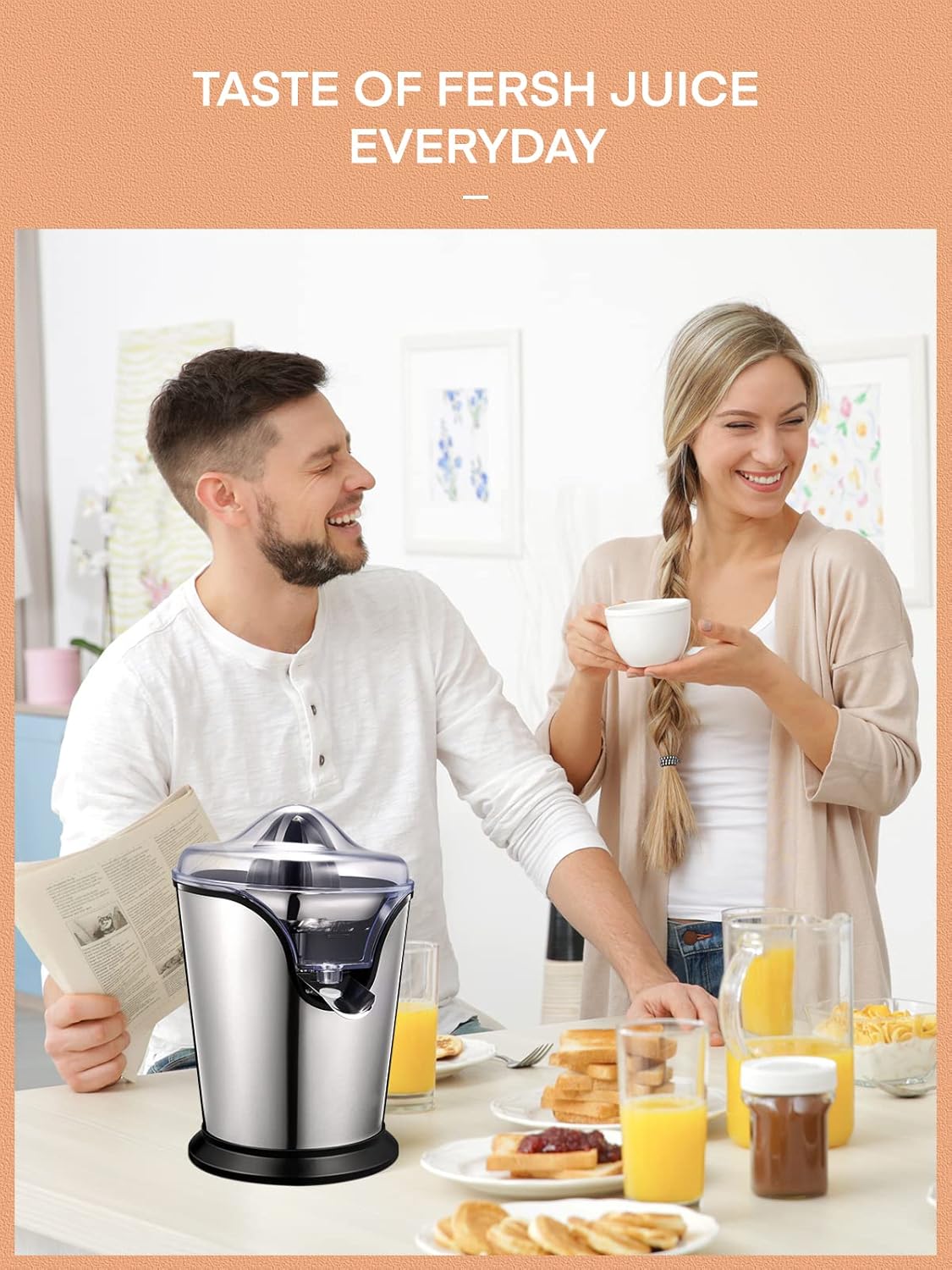 FOHERE Orange Juicer Squeezer Electric Citrus Juicer with Two Interchangeable Cones Suitable for orange, lemon and Grapefruit, Brushed Stainless Steel