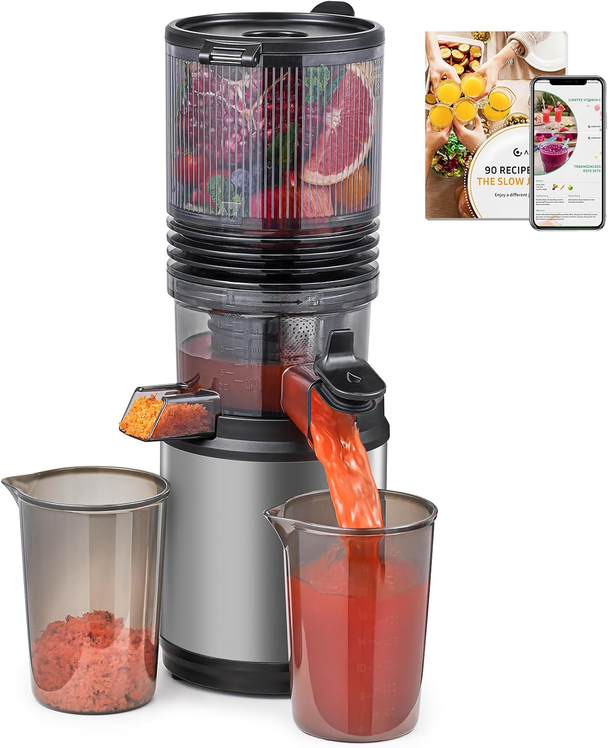 Cold Press Juicer, 5.8" Wide Feed Chute Juice Extractor Machine with 400W, High Juice Yield, Slow Masticating Juicer for Whole Vegetables & Fruits, Dark Grey