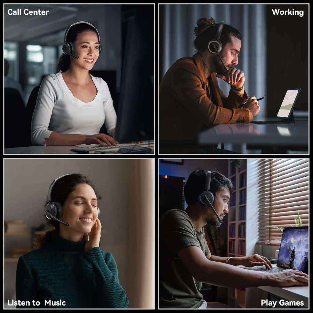 Wireless Headset with Mic for Work, Bluetooth Headset with Microphone (Noise Cancelling & Mute Button), Wireless Headphones with Mic for Work from Home/Office/PC/Call Center/Computer/Laptop/Teams/Zoom