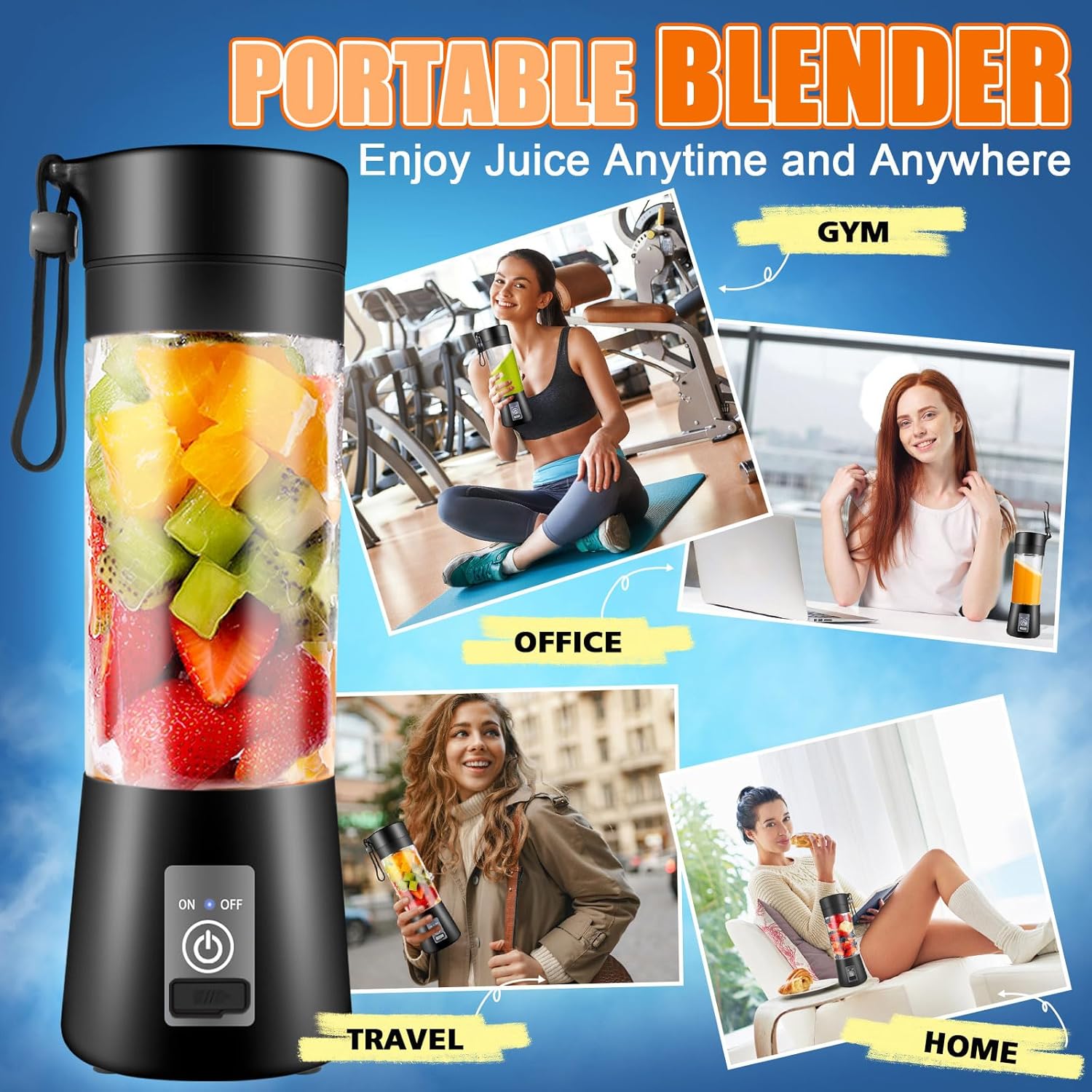 Portable Blender, Personal Size for Shakes and Smoothies with 6 Ultra Sharp Blades, Personal Blender USB Rechargeable Magnetic for Travel, Office, Gym (Black)