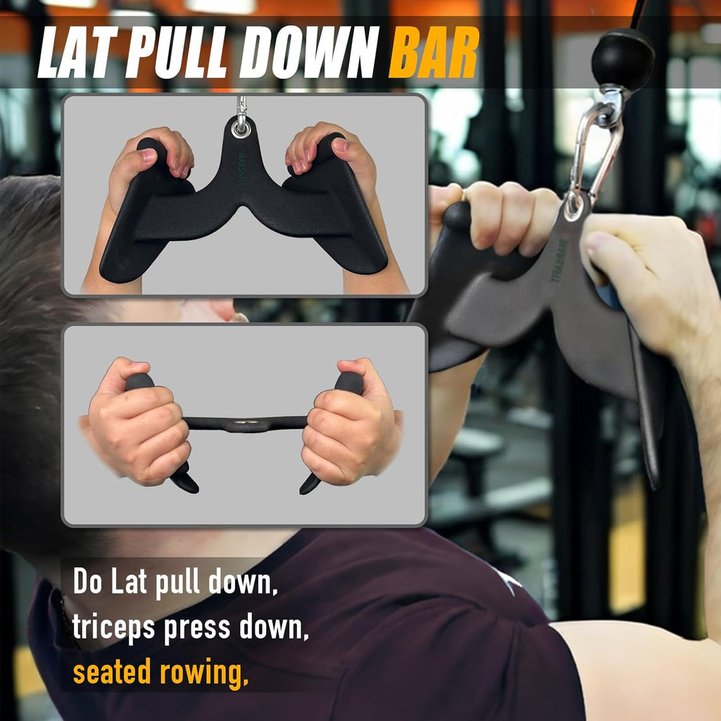 Home Gym Fitness Rowing T-bar V-bar Pulley Cable Machine Attachment, Bicep Curl Tricep Lat pulldown Bar Back Strength Training Handle Grips Lat Pull Down Bar for Seat Row Workout