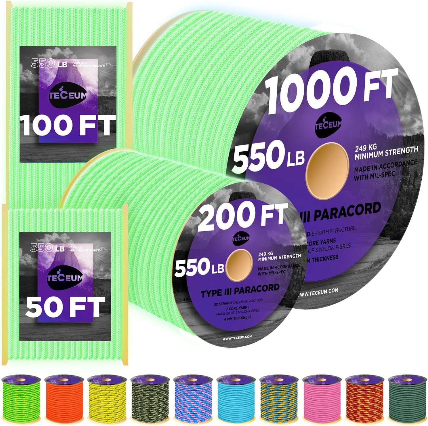 Reflective Paracord Rope 1000 – 1000ft/200ft/100ft/50ft – 40+ Colors – Glow in The Dark – para Cord – Utility Rope for Survival, Hunting & Camping Gear – Nylon String, Camping Rope, Tent Cord