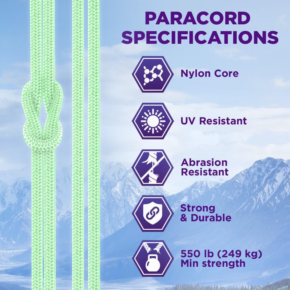 Reflective Paracord Rope 1000 – 1000ft/200ft/100ft/50ft – 40+ Colors – Glow in The Dark – para Cord – Utility Rope for Survival, Hunting & Camping Gear – Nylon String, Camping Rope, Tent Cord