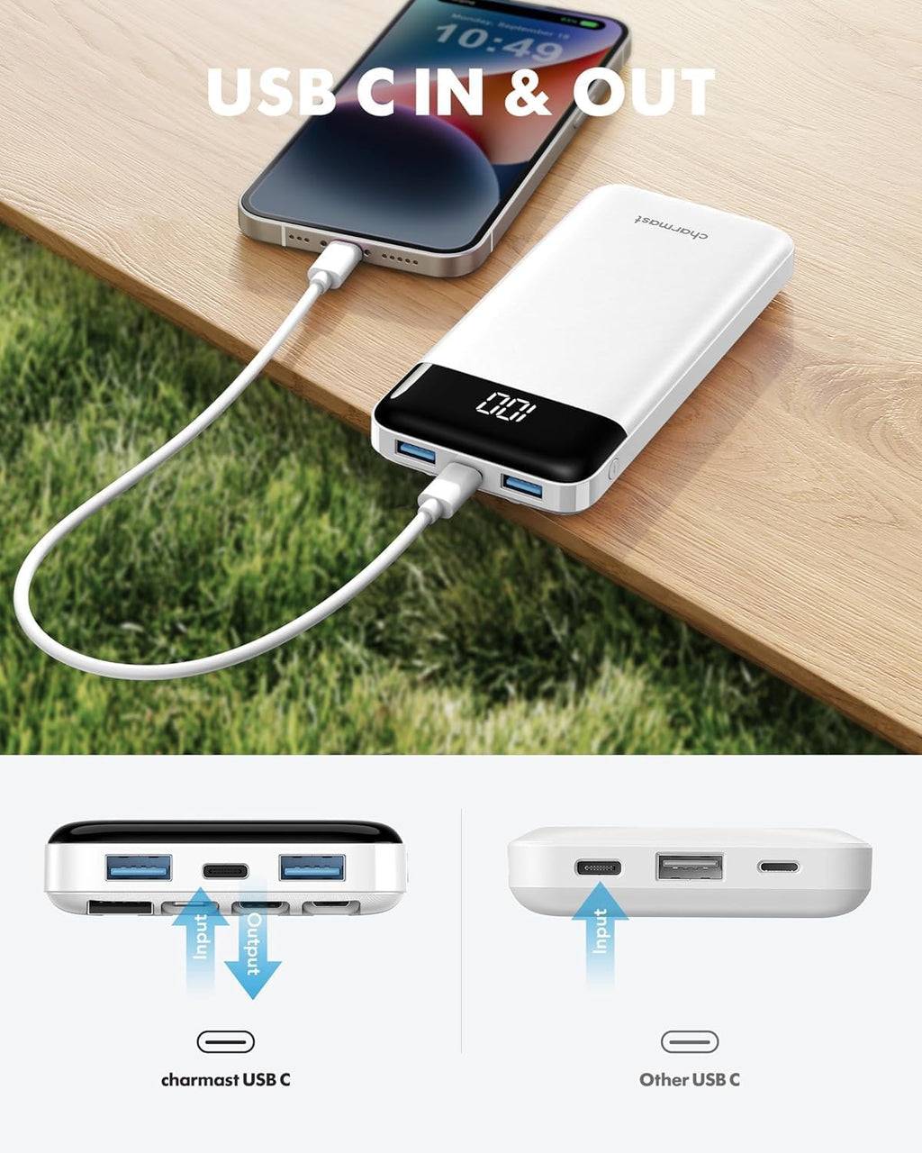 Portable Charger with Built in Cables, Power Bank with Cords Wires, Slim 10000mAh Travel Battery Pack 6 Outputs 3 Inputs 3A Fast Charging for Samsung Google Pixel LG Moto iPhone iPad