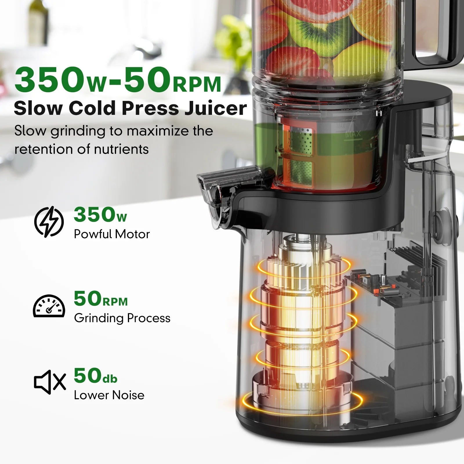Cold Press Juicer Machines, High Nutrient Retention, 99% Juice Yield, 5.3" Wide Feed Chute for Whole Fruits & Vegetables, Quiet Slow Masticating Juicer, BPA-Free, Easy to Clean