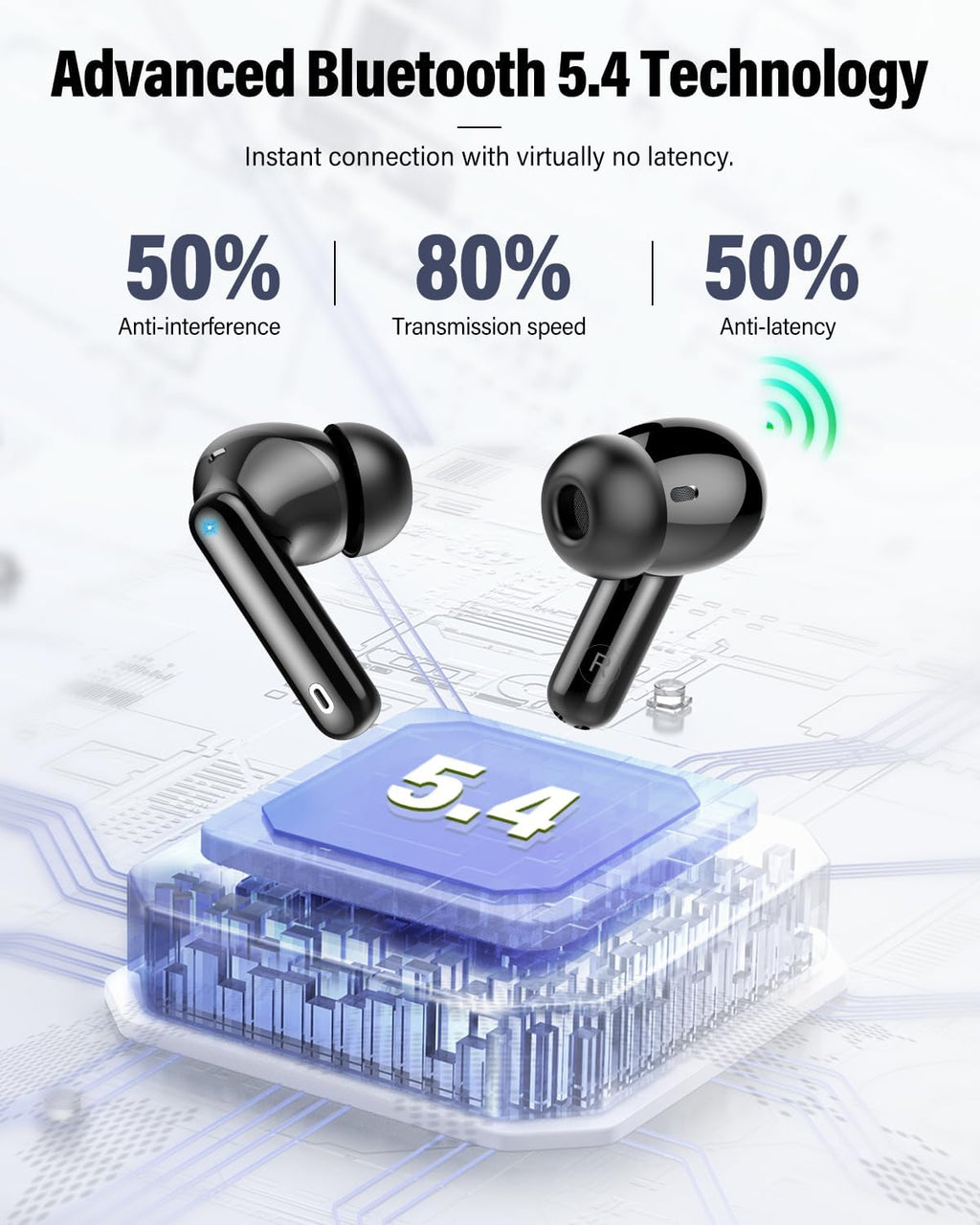 Wireless Earbuds, Bluetooth 5.4 Headphones Bass Stereo, Ear Buds with Noise Cancelling Mic, LED Display in Ear Earphones Clear Calls, IP7 Waterproof Bluetooth Earbuds for Laptop/Phones/Sports, Black
